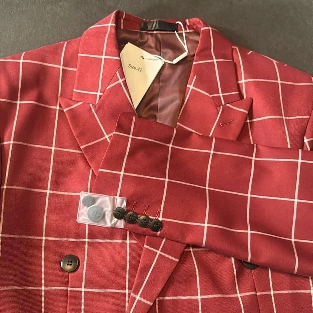 Men’s Check Plaid 3 Piece Suit Double Breasted Peak Lapel 42 Jacket 38 Pants NEW